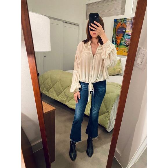 ALEXIS Ivory Cream Crinkle Chiffon Peasant Zip Front Drawstring Hem Posey Top S - Picture 1 of 16